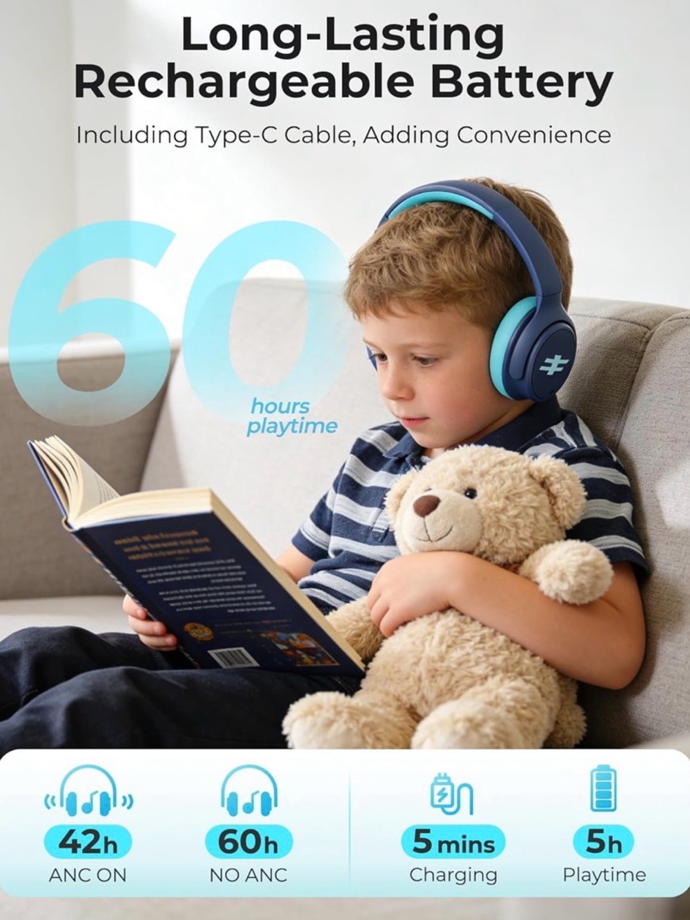 Kids Over-Ear Headphones in Navy and Teal - Rechargeable